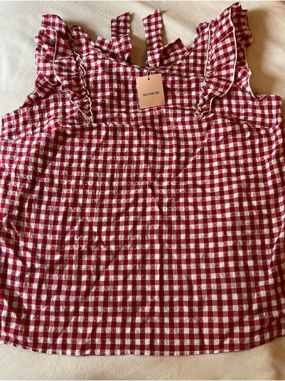 BloomChic Red and White Gingham Ruffle Strap Tank Top